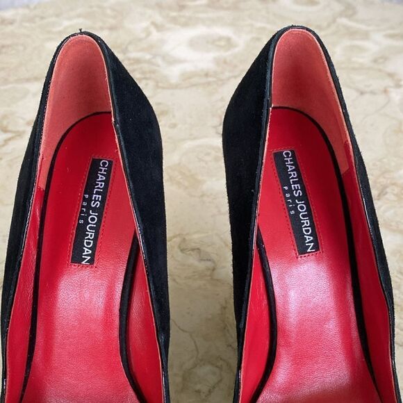 CHARLES JOURDAN Paris Eddie Black Suede Sculpted Wedge Heels 8 1/2 M - Picture 9 of 12